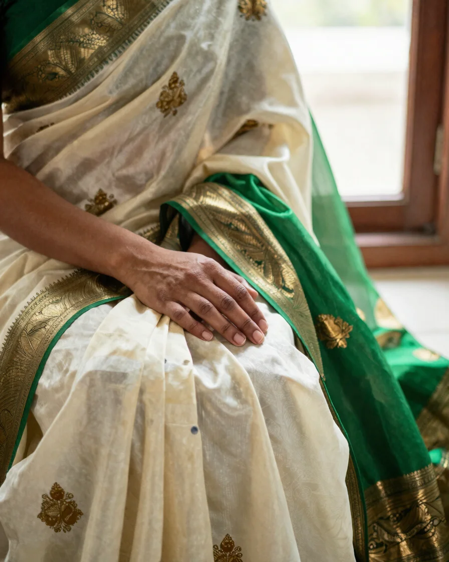 Editorial close-up of a hand resting on a Banarasi silk saree, visible gold zari brocade motifs, soft window daylight, i